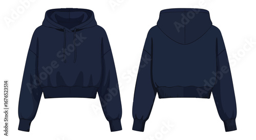Front and Back View of a Stylish Navy Blue Cropped Hoodie, Perfect for Casual Wear and Fashion Designs