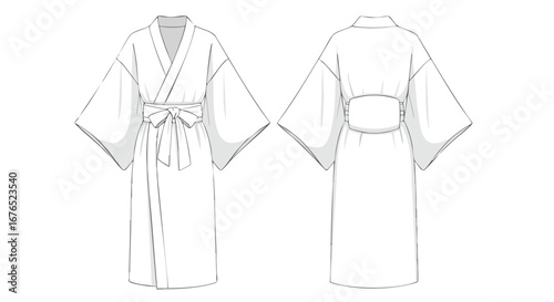 Detailed Kimono Illustration: A Front and Back View of an Elegant Japanese Garment Line Drawing