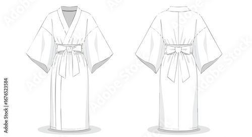 Conceptual illustration of a traditional japanese kimono design in white from front and back view with detailed seam lines against a white background