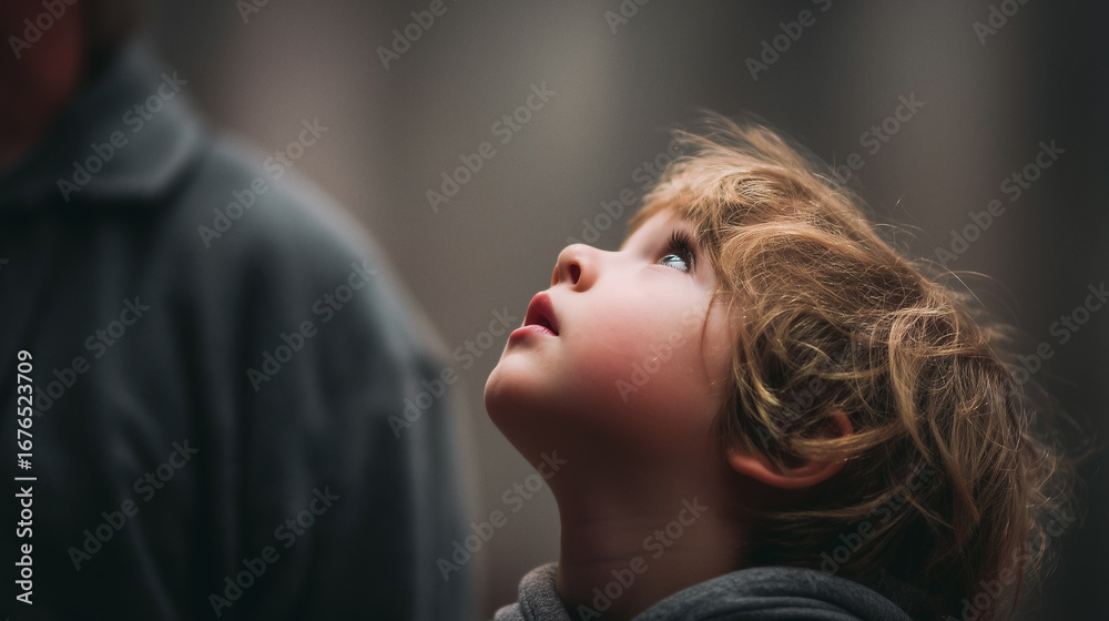 Naklejka premium A young child with blonde hair is looking up at something