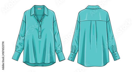 Illustration depicting a turquoisecolored, long-sleeved tunic blouse with a Henley neckline in front and back views presenting style and design