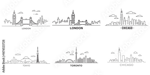 Illustrated World City Skyline Collection Featuring Iconic Landmarks and Recognizable Structures from London, Chicago, Tokyo, and Toronto