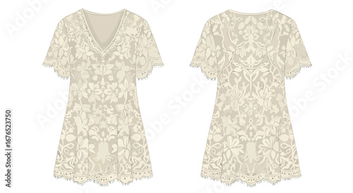 Elegant cream lace dress technical drawing displaying front and back with ornate patterns showcasing intricate design and silhouette in a fashion