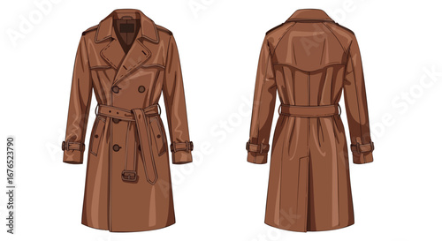 Classic double-breasted trench coat in front and back view, showcasing a timeless fashion staple for stylish individuals with modern or traditional