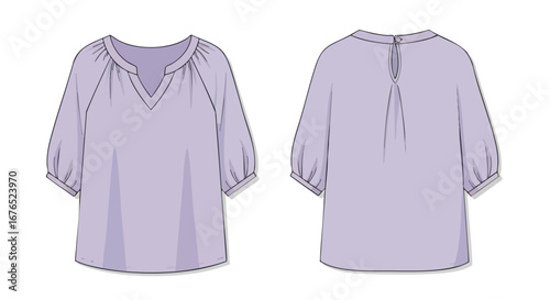 Detailed technical fashion illustration: Gathered V-neck blouse with three-quarter puff sleeves, front and back design, stylish apparel presentation