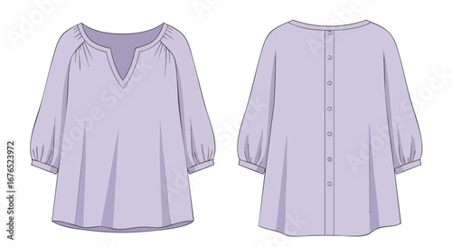 Lavender blouse technical sketch showcasing front V-neck with gathered sleeves and rear button closure details creating a soft design aesthetic