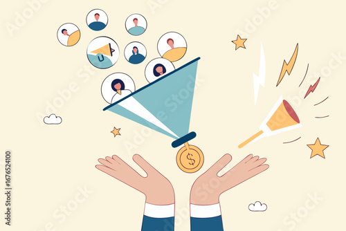 Lead generation gaining customers to convert to sales, marketing funnel conversion rate, advertising analysis concept, hand holding marketing funnel to pull potential customer and convert to sales. 
