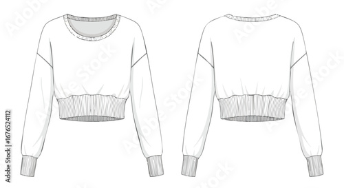 Technical drawing of a cropped sweatshirt showcasing both front and back views in a simple line art style suitable for design specifications