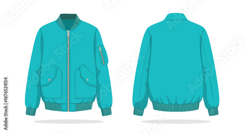 Illustrative turquoise bomber jacket, showcasing its front design alongside the back view for comprehensive visual representation