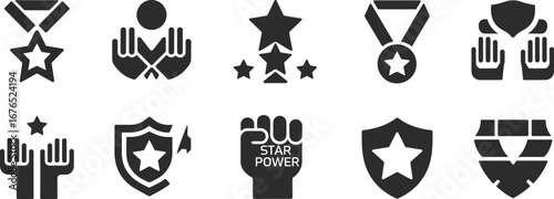 Award star icons, achievement medal symbols, success badge illustrations, recognition trophy graphics, excellence shield icons, victory honor design, premium quality signs