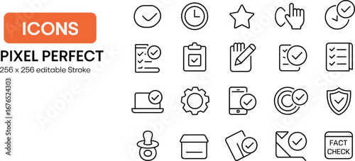 Checklist icons, task management symbols, document verification signs, clock and time icons, productivity tools, pixel perfect vector, editable stroke, office icons