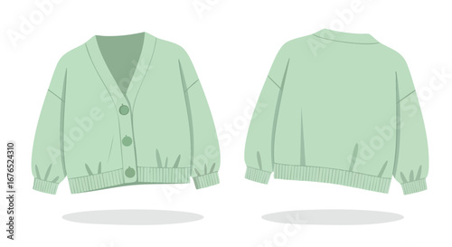 Stylized Mint Green Cardigan Illustration with Button Closure and Back View Presentation on White Backdrop showing front and back 3/4 length view