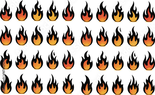 Color fire flame icon set, burning hot symbol collection, red orange yellow gradient, heat warning, energy graphic, danger illustration vector