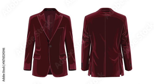 Burgundy Velvet Blazer Illustration Showcasing Front and Back Views on a Clean White Background