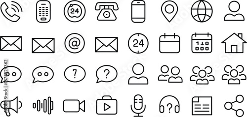 Communication and contact line icons set, phone email message chat symbol, customer support service, social media, network connection icons