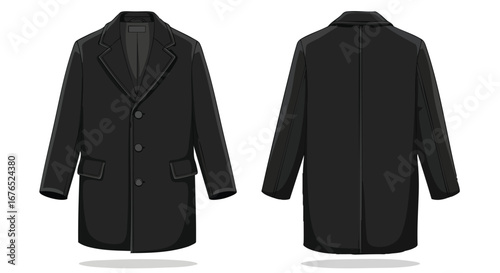 Vector illustration showcasing a stylish black coat design with front and back views for fashion-related projects and presentations