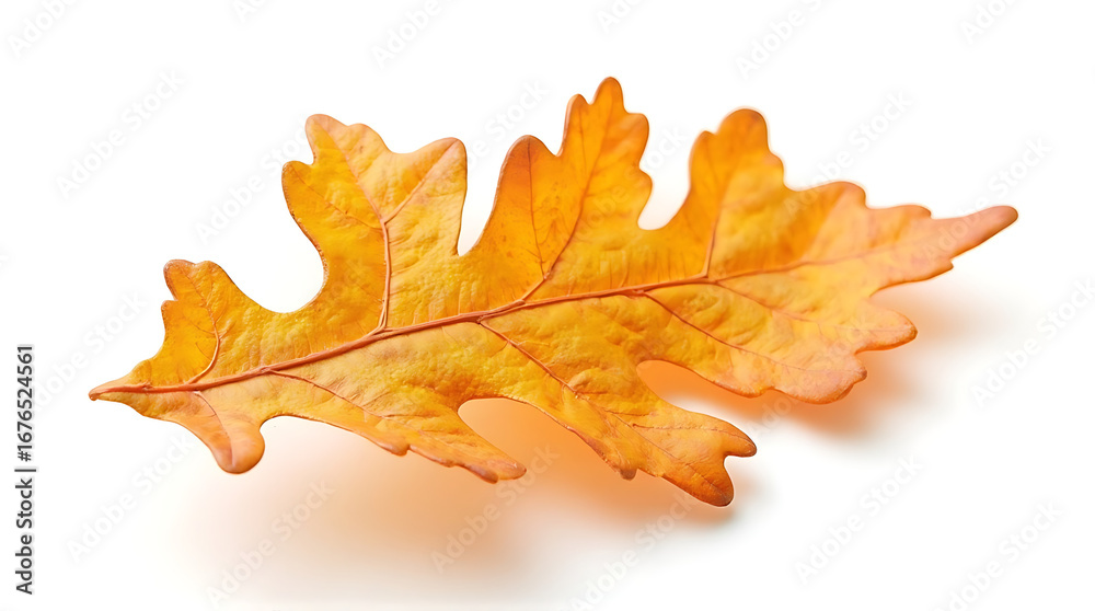 Fototapeta premium Isolated yellow oak leaf showing autumnal colors on a white background macro shot