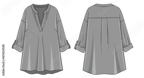 Flowing Tunic Design with Rolled-Up Sleeves, Technical Fashion Illustration and Stylish Back Detail for Mockups and Manufacturing