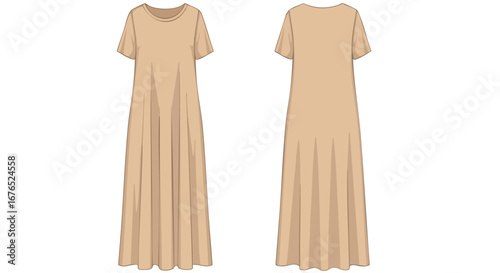 Illustration showcasing a simple long beige dress, displayed in both front and back views, emphasizing minimalist design and flowing silhouette for