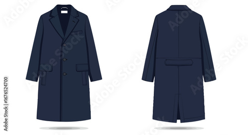 Sophisticated navy blue overcoat illustration showcasing front and back design details for apparel catalogues and fashion presentations