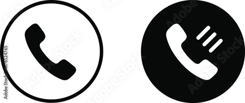 Phone call icons, communication symbols, telephone receiver illustration, contact button design, mobile interface graphics, black and white call logo, customer support
