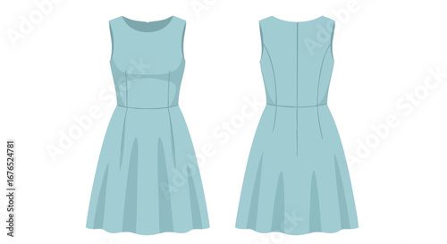 Turquoise dress illustration showcasing front and back views perfect for fashion designs and catalog use providing detailed perspectives of the