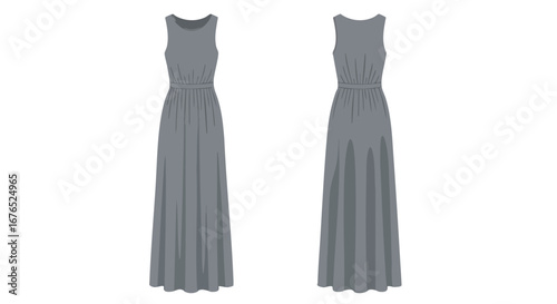 Elegant floor-length dress in subtle grey tones, presented in front and back views offering a complete garment perspective for design and style