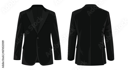 Formal Apparel: Illustrative View of a Dark Suit Coat Front and Rear Perspective for Fashion Design Visuals and Presentation