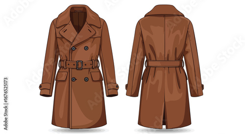 Front and Back View of a Stylish Brown Trench Coat with Belt, Fashionable Outerwear for Sophisticated Individuals, isolated background