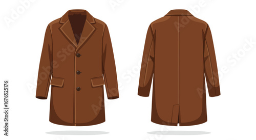 Elegant brown overcoat illustration showcasing front and back views for fashion design and apparel visualization needs