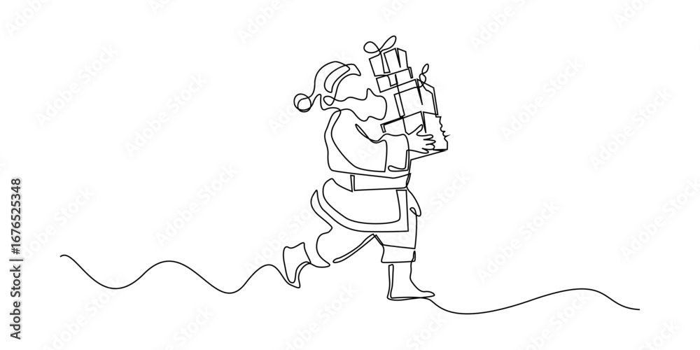 Fototapeta premium Continuous line drawing Santa Claus carrying a stack of Christmas gifts while walking. Minimalist one line art illustration for festive holiday, Xmas greeting cards, and Christmas design elements.