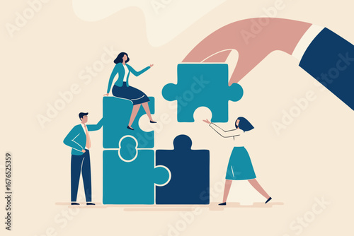 Build your team, leadership to develop teamwork or business partner, cooperate or collaborate for success, assist or help, giant businessman hand connect last jigsaw puzzle to office business team.
