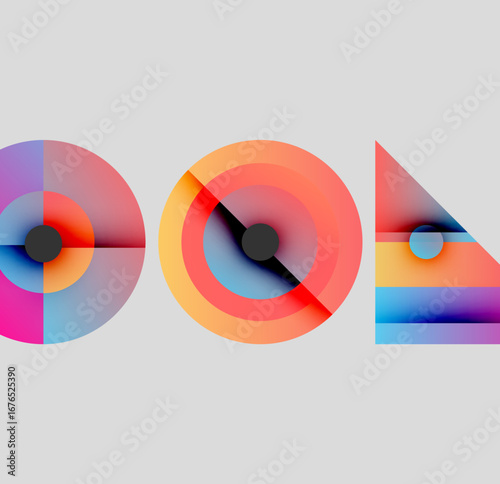 Abstract geometric shapes, circles, triangle. Gradient colors blend smoothly. Minimalist design, modern aesthetic, gray background.