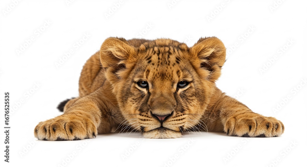 Obraz premium Lionceau reposant paisiblement fond blanc lumiere douce. AI Generated