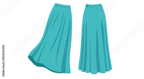 Turquoise flared skirts illustration, fashion concept for summer apparel design with flowing fabric and simple elegant style perfect for textile