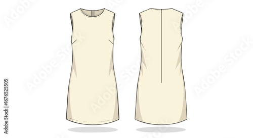 Minimalist Shift Dress Illustration: Front and Back Views, showcasing a clean silhouette and understated elegance, design ready for fashion industry