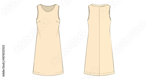 Sleeveless Dress Technical Flat Fashion Sketch, Featuring Front and Back Views on a Clean White Background for Design and Illustration Projects