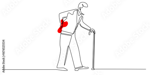 Continuous line drawing of an elderly man with back pain using a cane. Minimalist vector illustration showing senior health problem, spine pain, and medical concept in simple outline style.