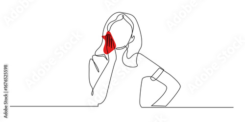 Continuous line drawing of a woman with toothache, holding her cheek in discomfort. Minimalist one line art illustration for dental health, oral pain, dentistry care, and medical concept