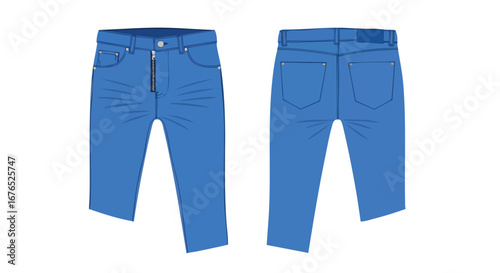 Stylized Blue Jeans Illustration Showcasing Front and Back Details for Fashion Design 3D Rendering Technology Denim Apparel Concept