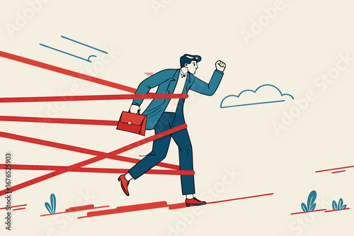 Business difficulty or struggle with career obstacle, limitation and trap or challenge to overcome to success concept, businessman tied up with red tape trying to run away with full effort. 