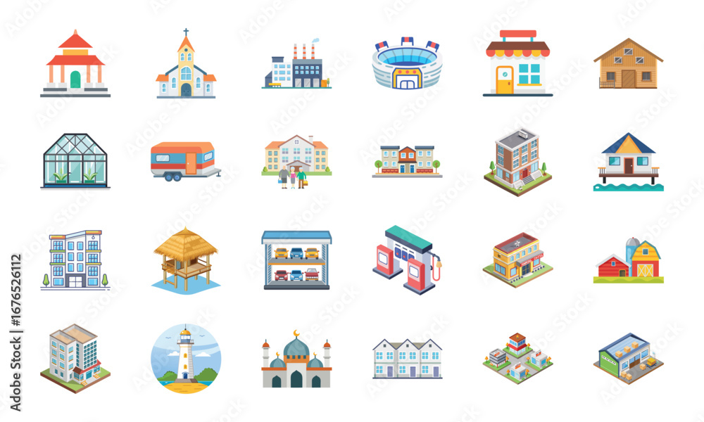 Fototapeta premium Collection of Various Building and Architecture Icons Including Temple, Church, Factory, Stadium, Shops, Barn, Greenhouse, Camper, Houses, Apartments, Gas Station, School, Lighthouse, Mosque, and Ware