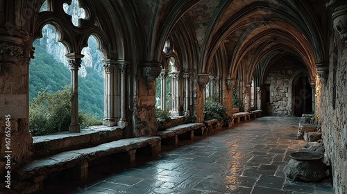 Spooky medieval monastery interior with arched windows and rose window details, pale blue light highlighting the detailed stonework, eerie and historic scene   