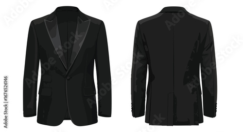 Sophisticated black tuxedo illustration, showcasing classic formalwear design and front and back tailoring details with impeccable style and elegance
