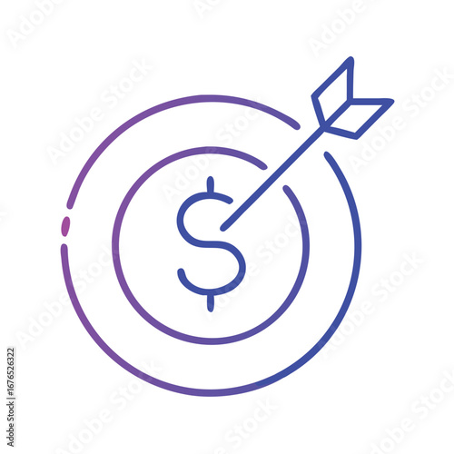 A gradient dollar sign target with arrow purple and blue line on transparent background