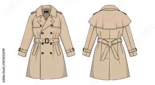 Sophisticated Beige Trench Coat: Front and Back Technical Fashion Illustration, showcasing design details and styling elements for outerwear apparel