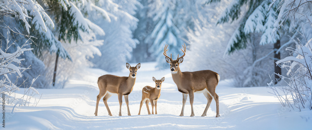 Obraz premium Deer family crossing snowy forest path, harmony in nature