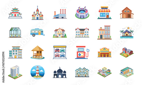 Collection of Various Building and Architecture Icons Including Temple, Church, Factory, Stadium, Shops, Barn, Greenhouse, Camper, Houses, Apartments, Gas Station, School, Lighthouse, Mosque, and Ware