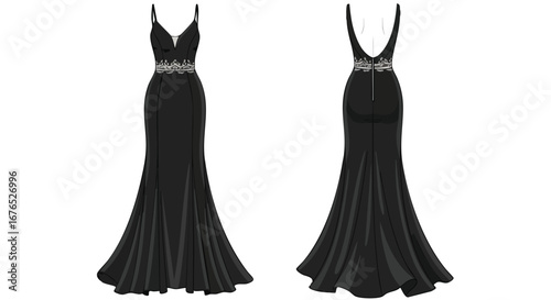 Elegant black gown with silver accents, a digital rendering showcasing modern formal wear design for special occasions and evening events, against a