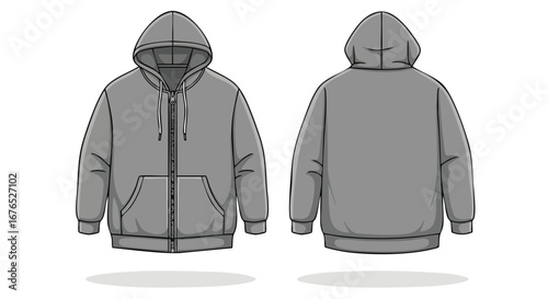 Grey Zipper Hoodie Front and Back View, an apparel design template for custom brand merchandising or fashion industry showcasing in different angles